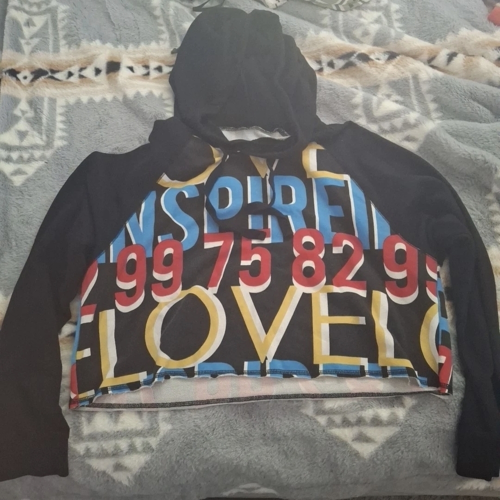 Black Graphic Cropped Hoodie with Multicolor Print